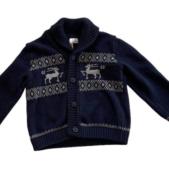 Janie and Jack Navy Blue Reindeer/Fair Isle Shawl Collar Cardigan, 2T - Picture 1 of 13